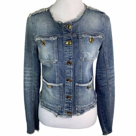 GUESS Denim Gold Buttons Raw Hem Distressed Jacket - Picture 1 of 9